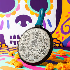 10.5 Inch Seasoned Cast Iron Xolo Sugar Skull Griddle with Deluxe Handle Holder